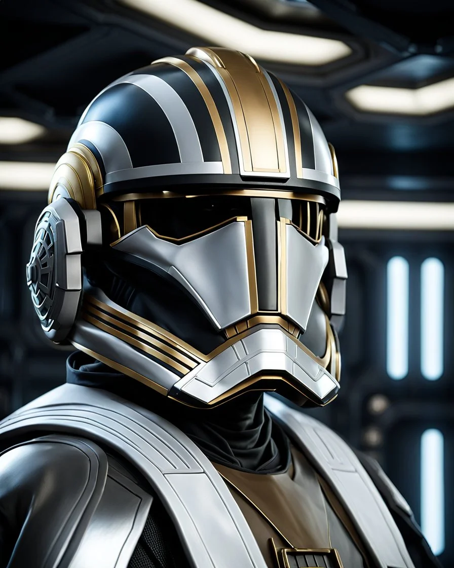 star wars bald male corellian pilot wearing pearlescent black and gunmetal grey First Order special forces armor and helmet with gold trim inside the jedi temple, centered head and shoulders portrait, hyperdetailed, dynamic lighting, hyperdetailed background, 8k resolution, volumetric lighting, light skin, fully symmetric details