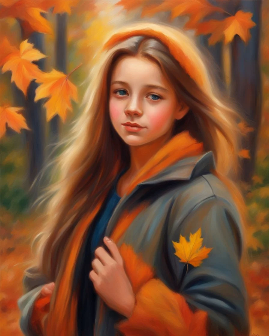 A young girl with long hair and autumn clothes in the autumn forest, beautiful portrait painting style, oil pastel painting, by Vladimir volegov