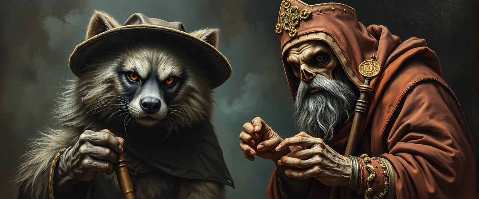 master oil painting with some air brush, fluffy human thief hyena merchant sailor priest realistic and creepy, straight from the lich lab, in the style of Escher and Titian