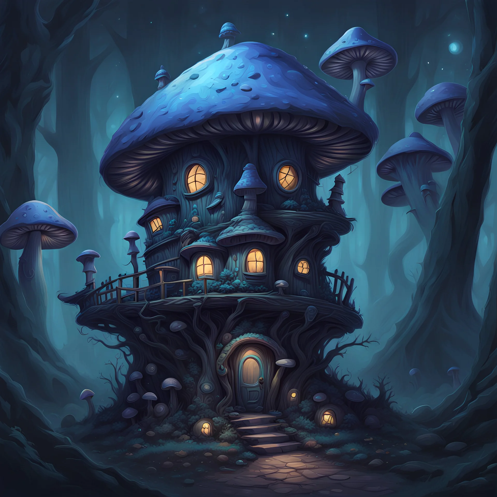 space island mushroom house. black cyan and indigo colored. Detailed oil Painting, muted color, fantastical, intricate detail, splash screen, hyperdetailed, insane depth, concept art, 8k resolution, trending on artstation