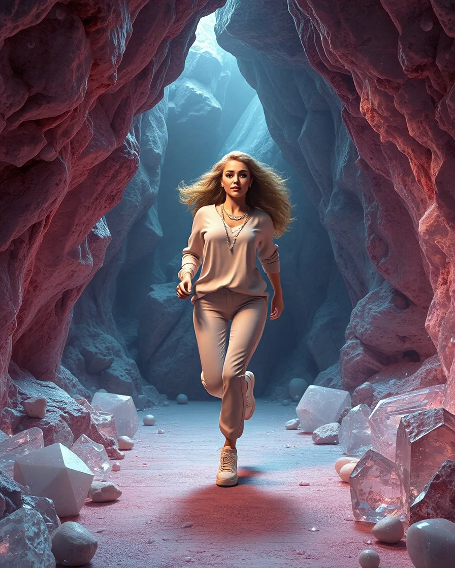 make a picture pretty crystal cave covered with jwells and 3d recursive cubic and sphere base pearls and Gemstone species, a beautiful goddess lady with curvy hair,makeup, in pretty modern today pants and loose shirt with jewels and sport shoes is running inside cave ,dynamic camera fallow her inside cave capturing full body, dynamic lights.