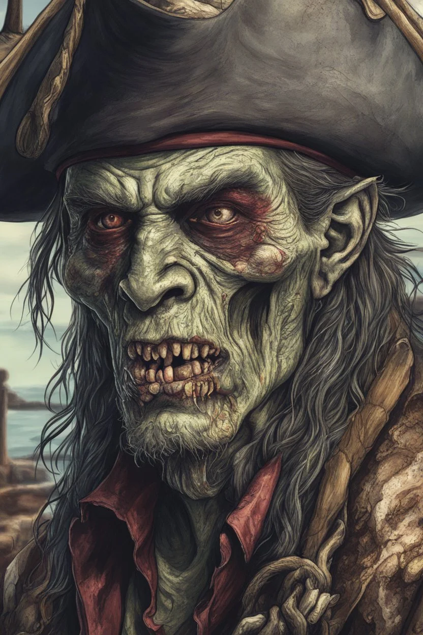 close up portrait of a zombi as a pirate, 2d drawing, background on a boat