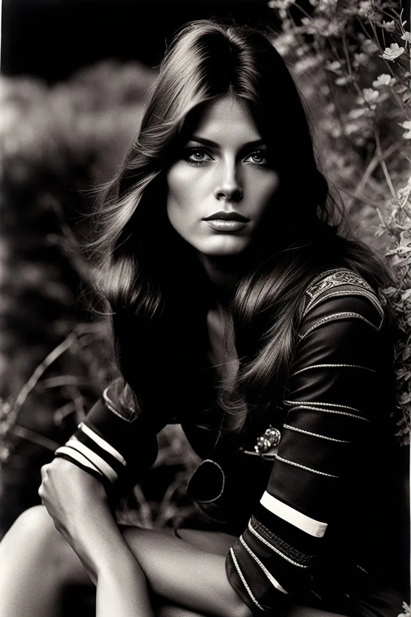 young uschi obermeier, hippie cowgirl, a top less woman, a spanish beauty supermodel with hypnotic eyes, mystic eyes, longer hair, beautiful face, beautiful skin, realistic analog photography with a real normal beauty, no bra, middle parting, beautiful like a supermodel from the sixties, helmut newton, peter lindbergh, most beautiful female without clothes, david hamilton, bilitis, tendres cousines, riders on the storm, psycedelic