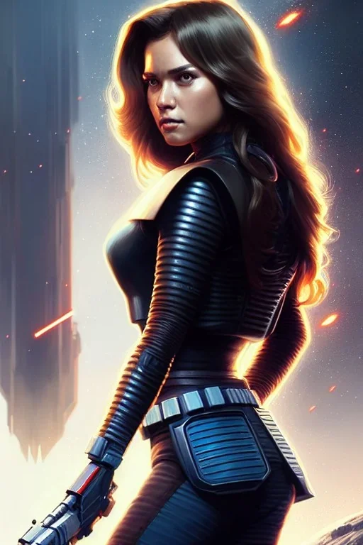 hiper realista, hiper detalhado, retrato de corpo inteiro, no estilo star wars, de uma mulher jovem incrivelmente sexy e bonita, cabelos longos , arte de greg rutkowski, artgerm, wlop, rossdraws, boris vallejo