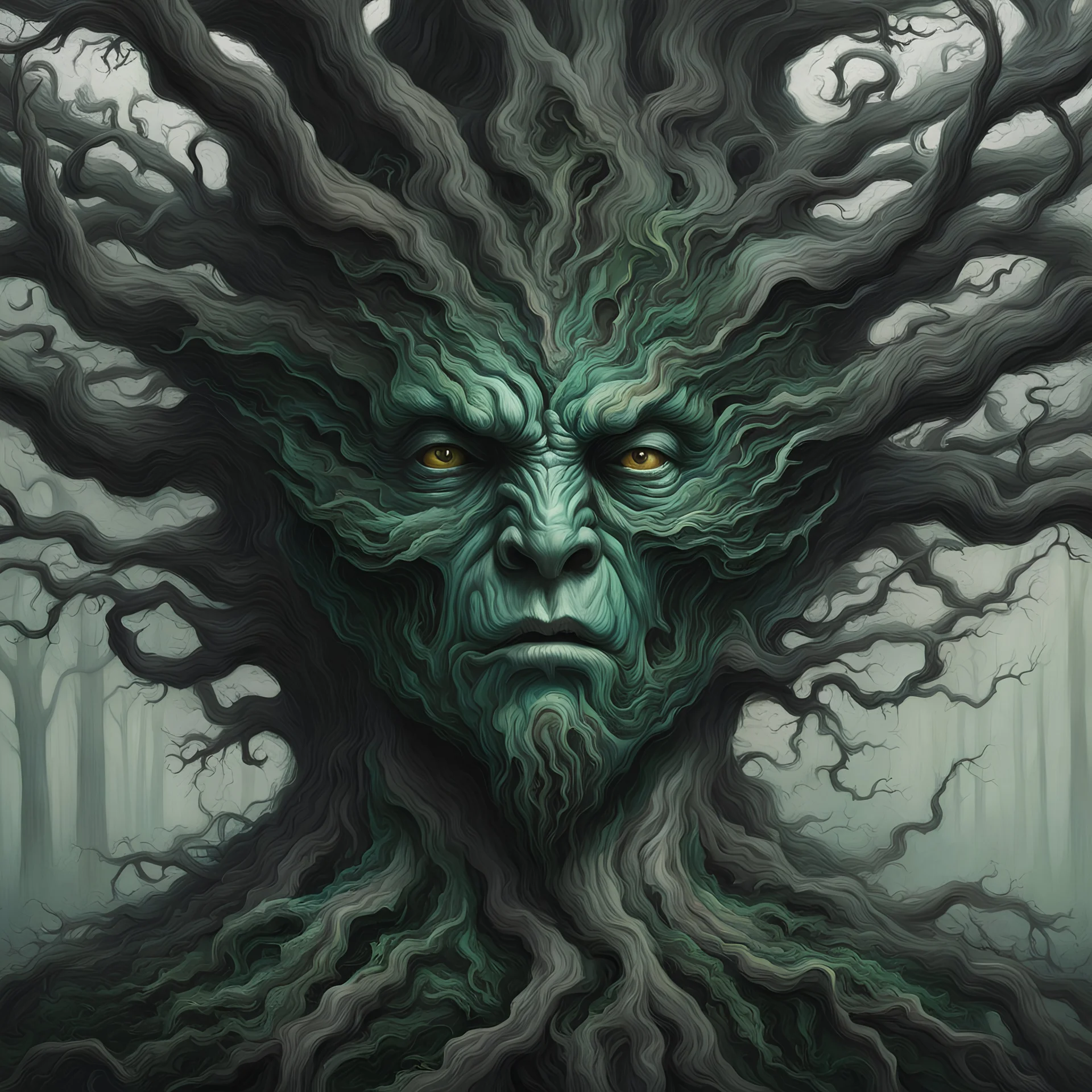 a painting of a tree in the style of beautiful grotesque, hyper-realistic, hyper-detailed, portraits, pale malachite and dark gray, ratcore, onii kei, emotional sensitivity, visceral art