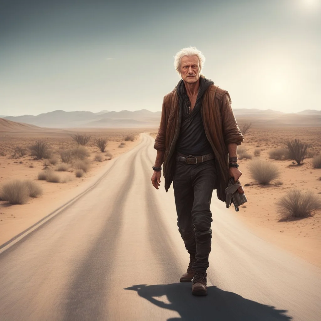 Hitchhiker on desert highway who looks like Rutger Hauer, thumb out, mid shot, concept art trending on Artstation, natural lighting, hyperrealistic,