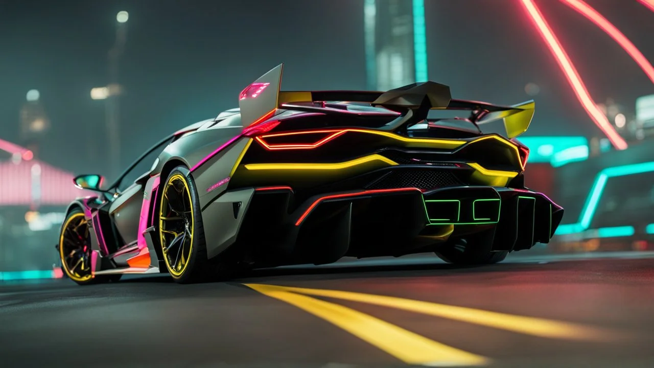 lamborghini Veneno 800-4 Mansory Cyberpunk 2077 neon Style Rear View, Super Detailed, desktop wallpaper, 4K