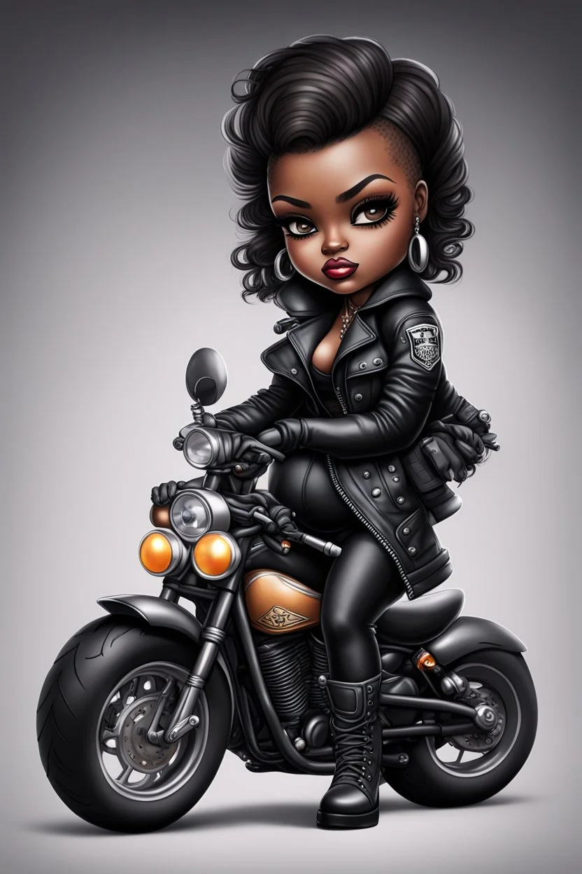 Create an airbrush image of a chibi curvy black female wearing a biker's coat and boots with black tights. Prominent make up with hazel eyes. She is sitting on a big Harley Davidson motorcycle at a bike show.