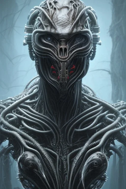 evil predator with crown, alien, brutal face, tron, head, burn eyes, 8k, finely detailed, dark light, photo realistic, hr giger, cyberpunk