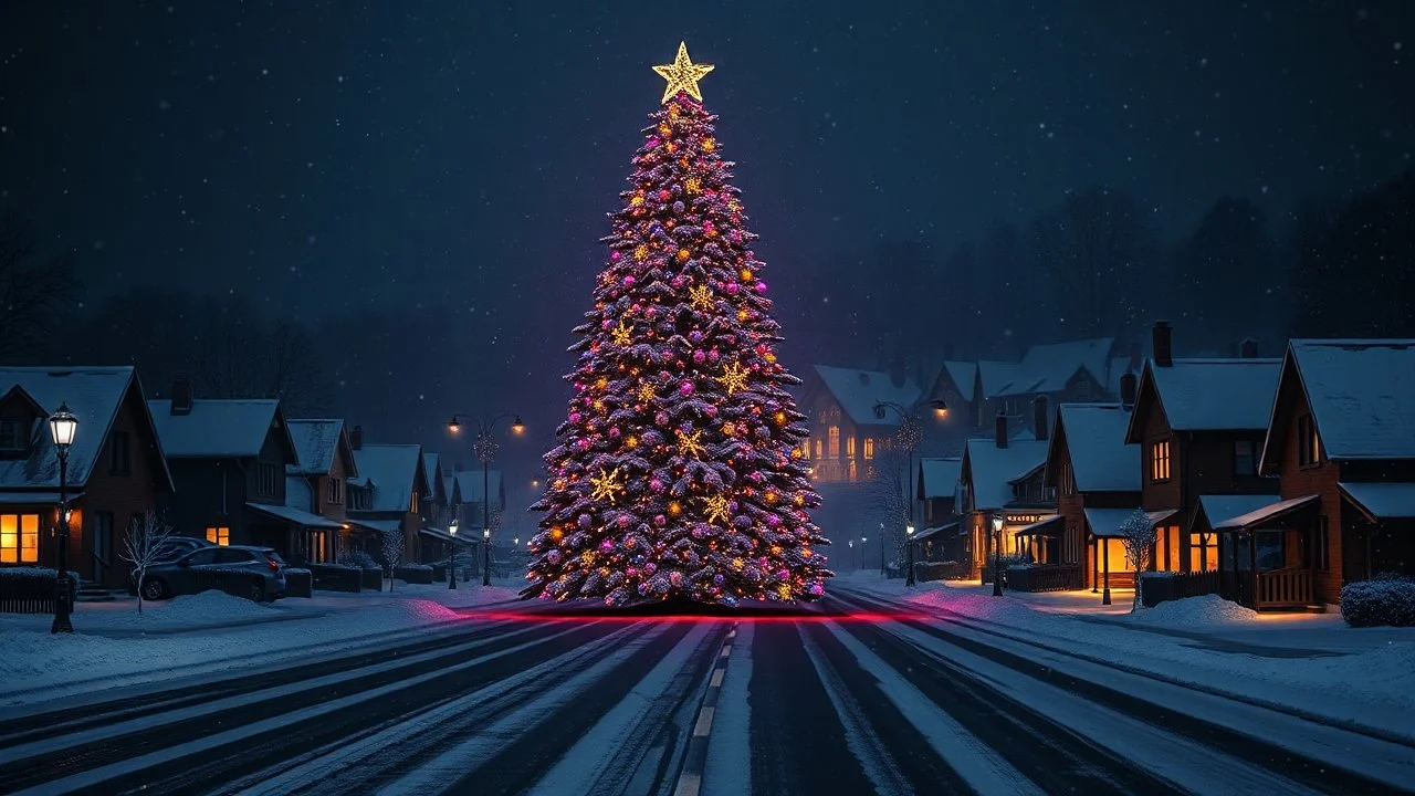 Hyper Realistic Beautifully Decorated Huge Christmas Tree On A Road With Environment Made Using Colors Black, Navy-Blue Purple And Golden (Sparkles), Featuring A Town With Small Cottages On Both Sides Covered In Snow At Heavy Snowfall Night Showing Dramatic And Cinematic Ambiance.