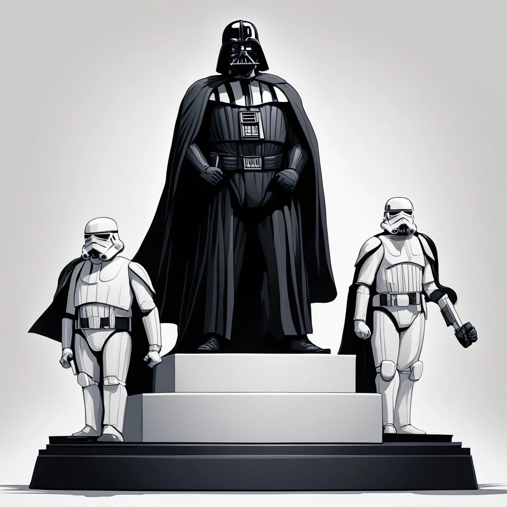 Create a captivating illustration that showcases a fat Darth Vader, adorned in his iconic black cape, standing triumphantly on the highest podium as the undisputed champion. Flanking him on two lower podiums are two white-clad Stormtroopers, looking sullen. Set this scene against a white background.