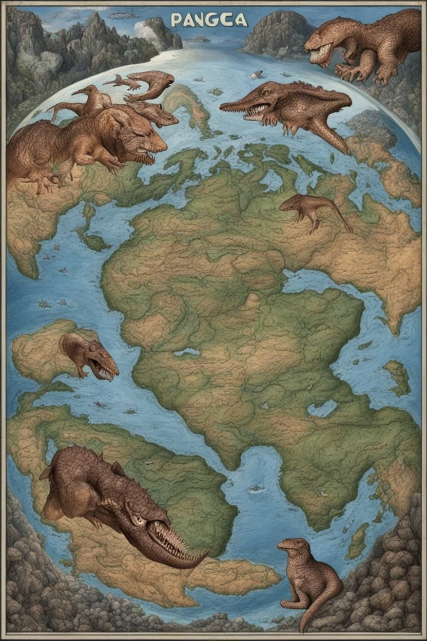 pangea earth millions of years ago , with dinosaures and Draco reptilians