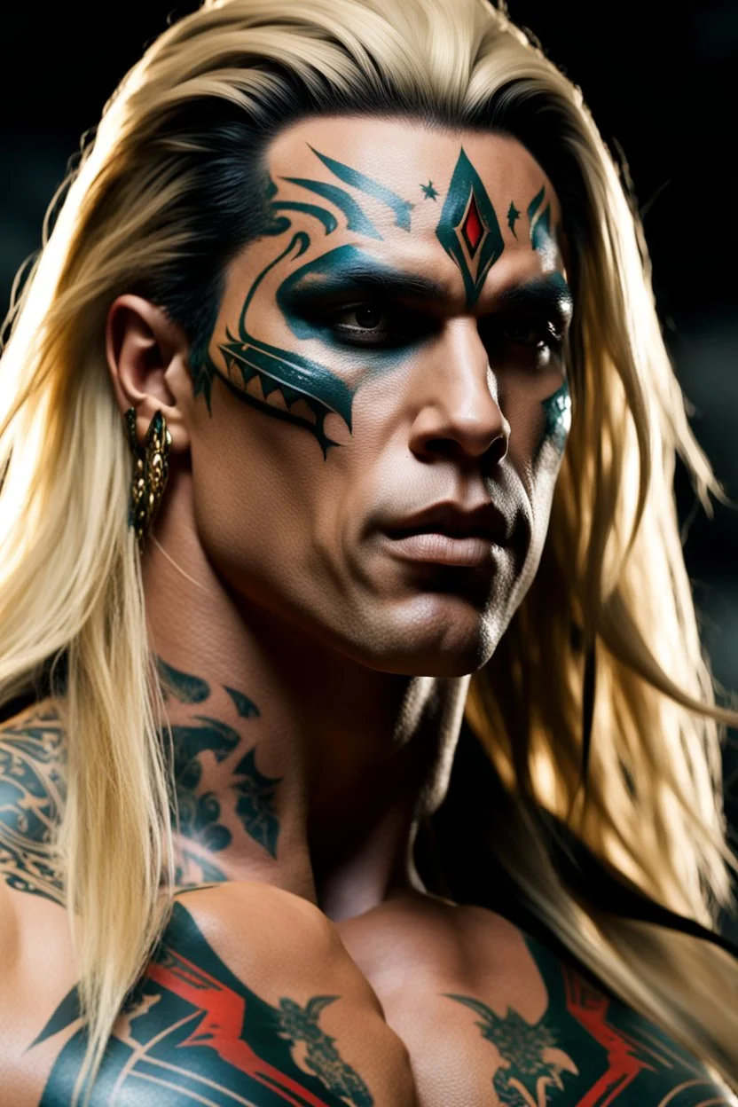Jason David Frank as muscular alpha male with Long blonde hair and tribal body tattoos and piercings realistic face, modern fantasy, intricate details, hyper detailed. 4K. Ultra Realistic