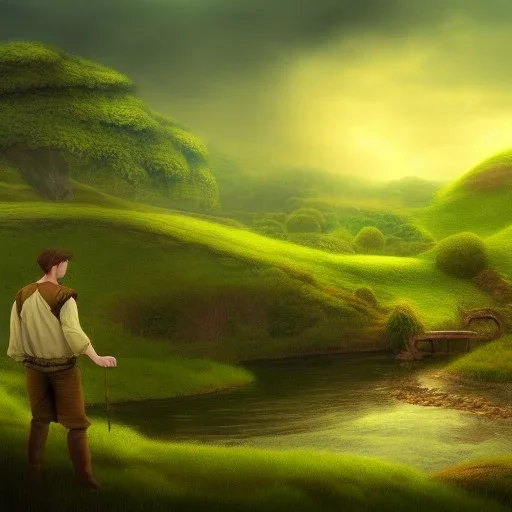 Landscape, the shire, fantasy, green, Brown, warm, a man sitten by the river