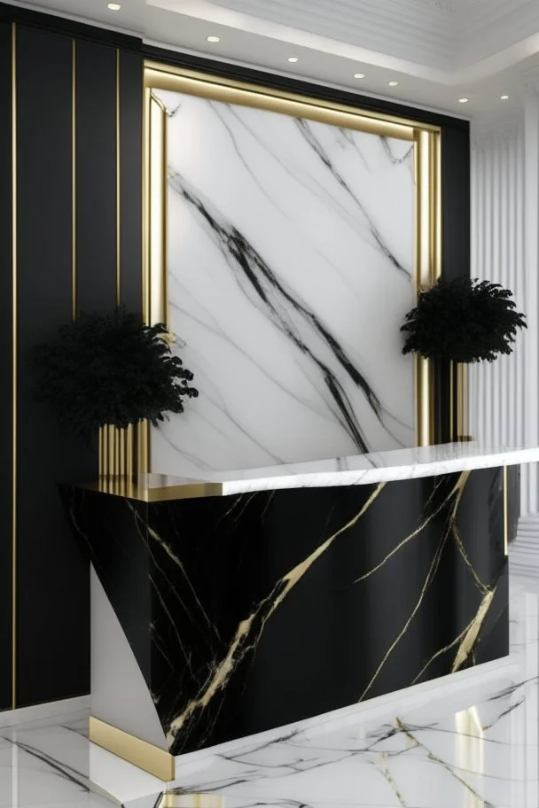 Black clear reception desk with white marble wall veined with gold