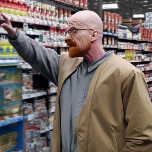 Walter White yells at Jessie Pinkman in a Costco, photorealistic