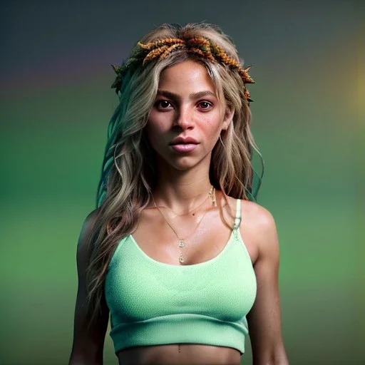 Shakira, 40 years old, artist, Realistic image, waist up portrait.eyes make up, perfect, glow, circle iris. concept art, smooth, unreal engine 5, god lights, ray tracing, RTX, lumen lighting, ultra detail, volumetric lighting, 3d, finely drawn, high definition, 4k.