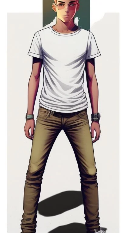 Teen man, black hair, perfect face, style of tomer hanuka, jeans, white, t-shirt, pompadour