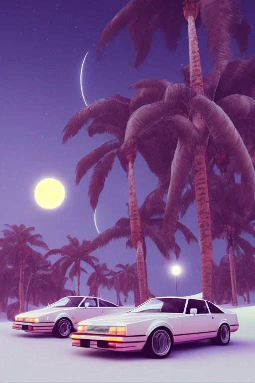 1980's aesthetic vaporwave palm trees with lighting with moon with audi in the winter snow