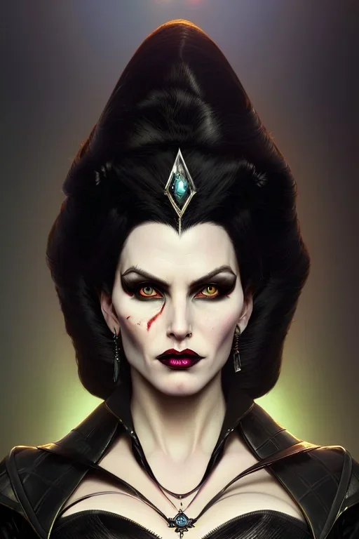 painting of morrigan hel as evil queen in black leather gown, feminie, angry, stern look on her face, emperious, highly detailed, digital painting, artstation, concept art, smooth, sharp focus, illustration, art by gaston bussiere and alphonse mucha