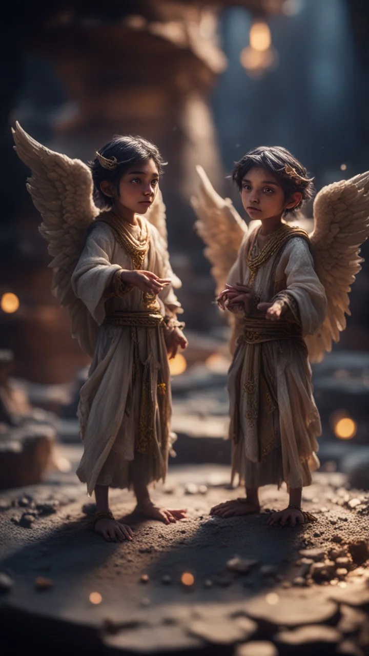 Harut and Marut are a pair of angels now confined in a dark pit well. They are said to tempt humans by teaching them the arts of sorcery, bokeh like f/0.8, tilt-shift lens 8k, high detail, smooth render, down-light, unreal engine, prize winning