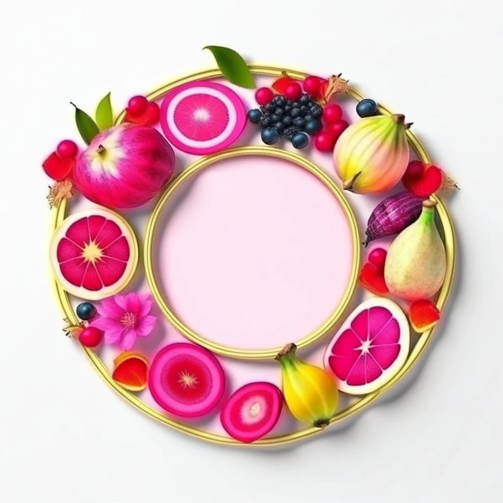 Round picture frame in the colors of dragon fruit on a light background to remove