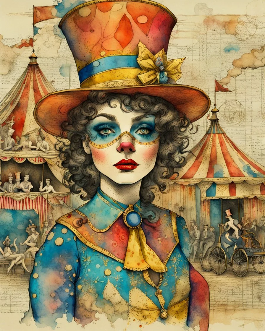 Masterpiece, a delicate ink and watercolor wash rendering on rough handmade paper. A vibrant and imaginative collage unfolds, blending vintage circus charm with surreal whimsy. At its heart stands a glamorous circus performer, wearing a colorful, patterned bodysuit rendered with intricate ink lines and layered washes of sapphire, crimson, and gold. A tall, red top hat crowns her head, sketched with bold strokes and rich scarlet hues. Behind her, a classic circus tent rises, its stripes suggested