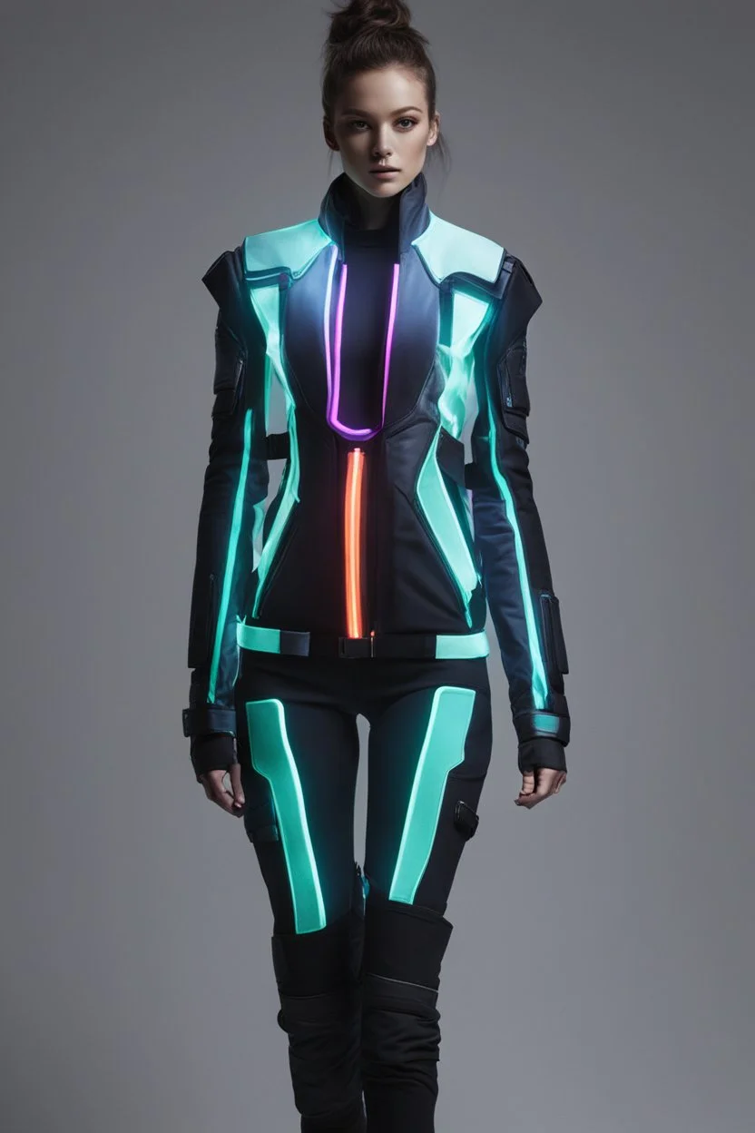 futuristic clothing with Neons glowing in the dark and colorful details