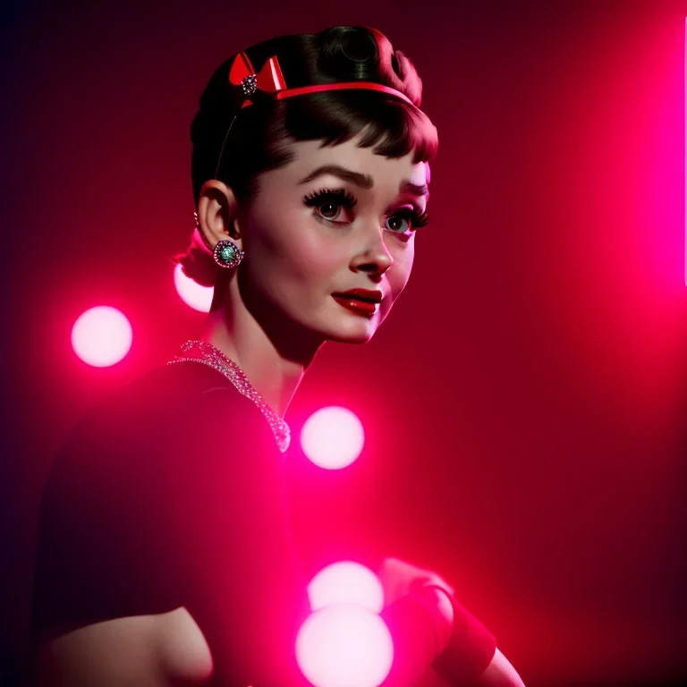 Audrey Hepburn as Betty Boop, closed eyes, rtx, reflection, 8k, glow, winning photography, caustics