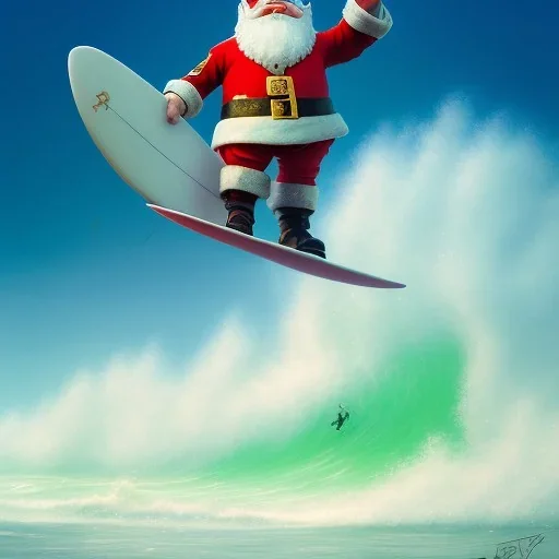 Santa standing of surfboard surfing a big wave, empty hands, beach, character design by cory loftis, fenghua zhong, ryohei hase, ismail inceoglu and ruan jia. unreal engine 5, artistic lighting, highly detailed, photorealistic, fantasy