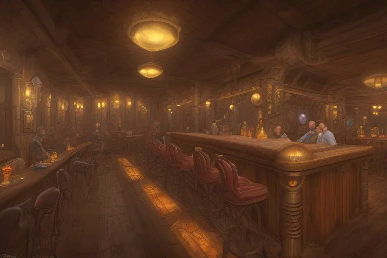 fantasy setting, an inn, with a large dining room and a bar on one side. At the bar, a larger, older man with no hair is standing, conversing with a dwarf sitting in a bar stool on the other side. A large fireplace is lit in the center of the room. In addition to that, there are a handful of guests scattered around the room…