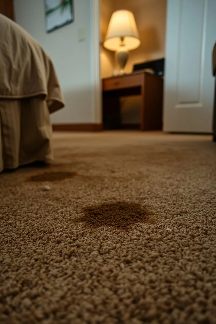 closeup of cheap motel room's dirty carpet, barely visible furniture dents in carpet, showing where furniture had been moved from