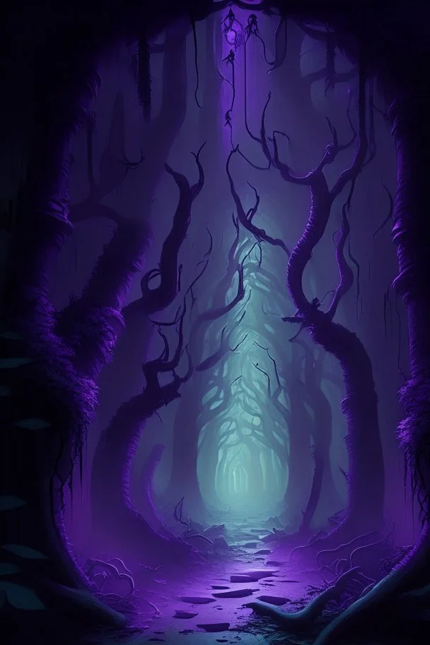 A frightening fungus forest dungeon hallway with purple mist