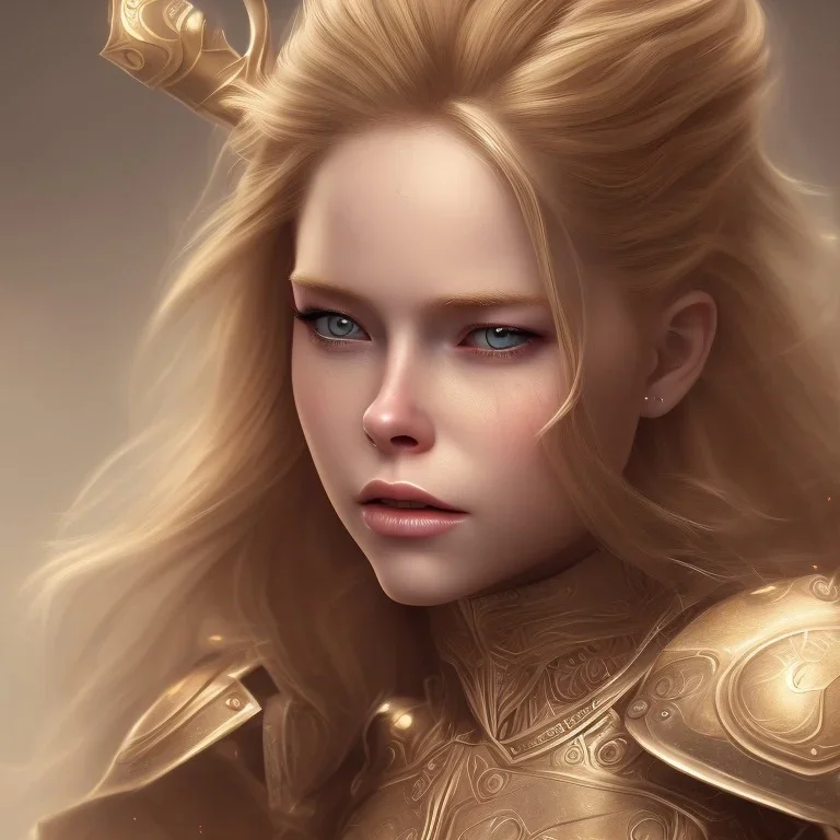 perfect face avril lavigne, dress armor athena, golden, particle fog, cloud