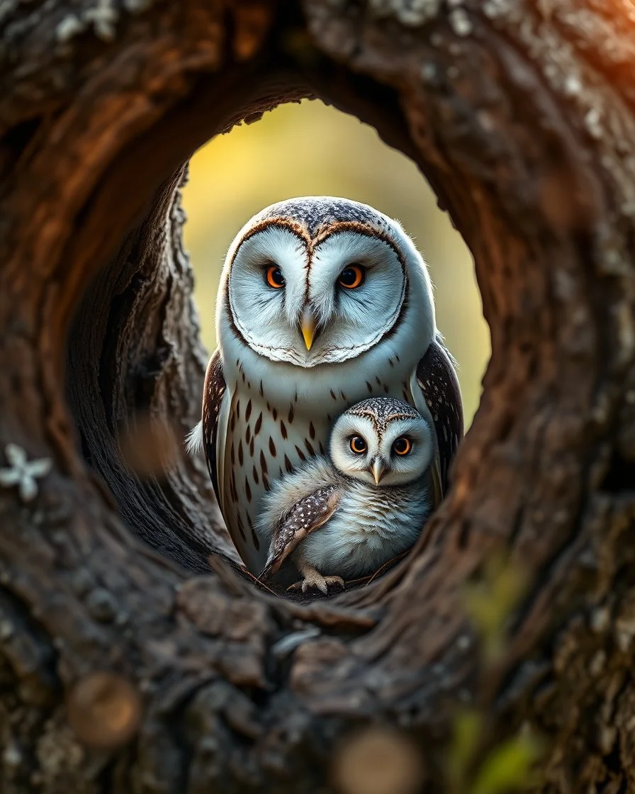 An exquisite AI-generated artwork portraying a Barn owl with her baby in a hollow log, framed by Birch tree and flaky bark. The piece boasts intricate details, whimsical wind effects, and a stunning spring HDR aesthetic with sunspots and bokeh, exuding el