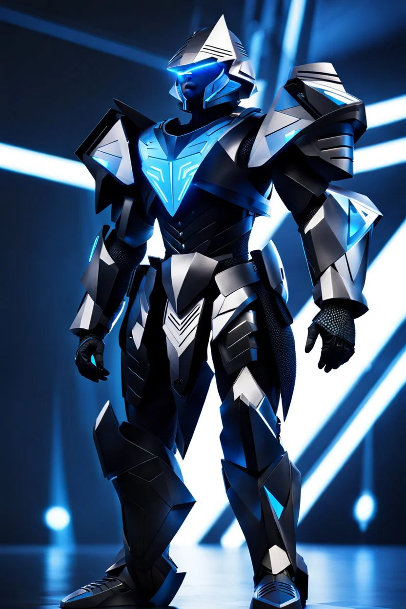 neon blue, floating parts of armor in form of light triangles, cyber armor, geometric patterns on armor, male, orbiting triangle