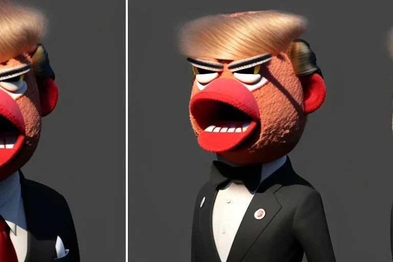 Angry muppet trump, round nose, in suit, eyebrows, spray tan mad