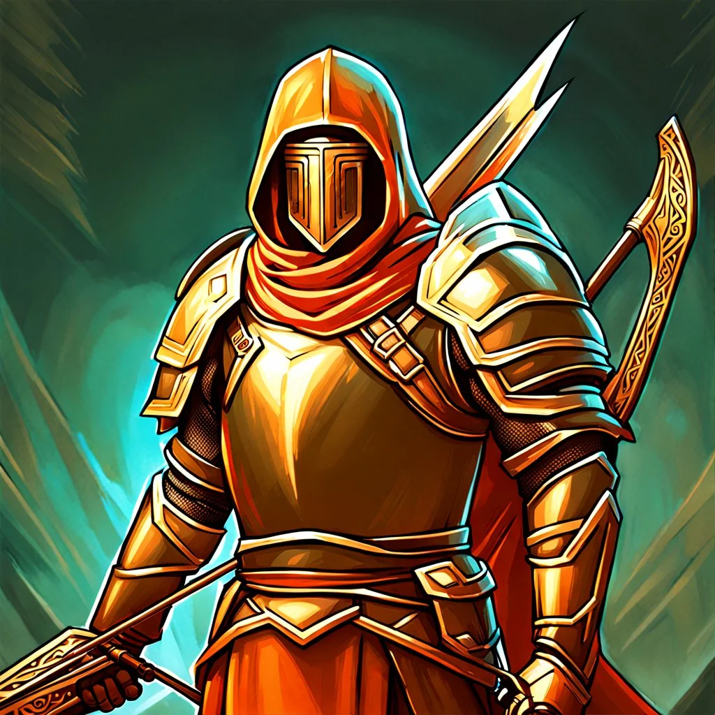 fantasy tcg art of a sci-fi crossbow soldier man with knight mask