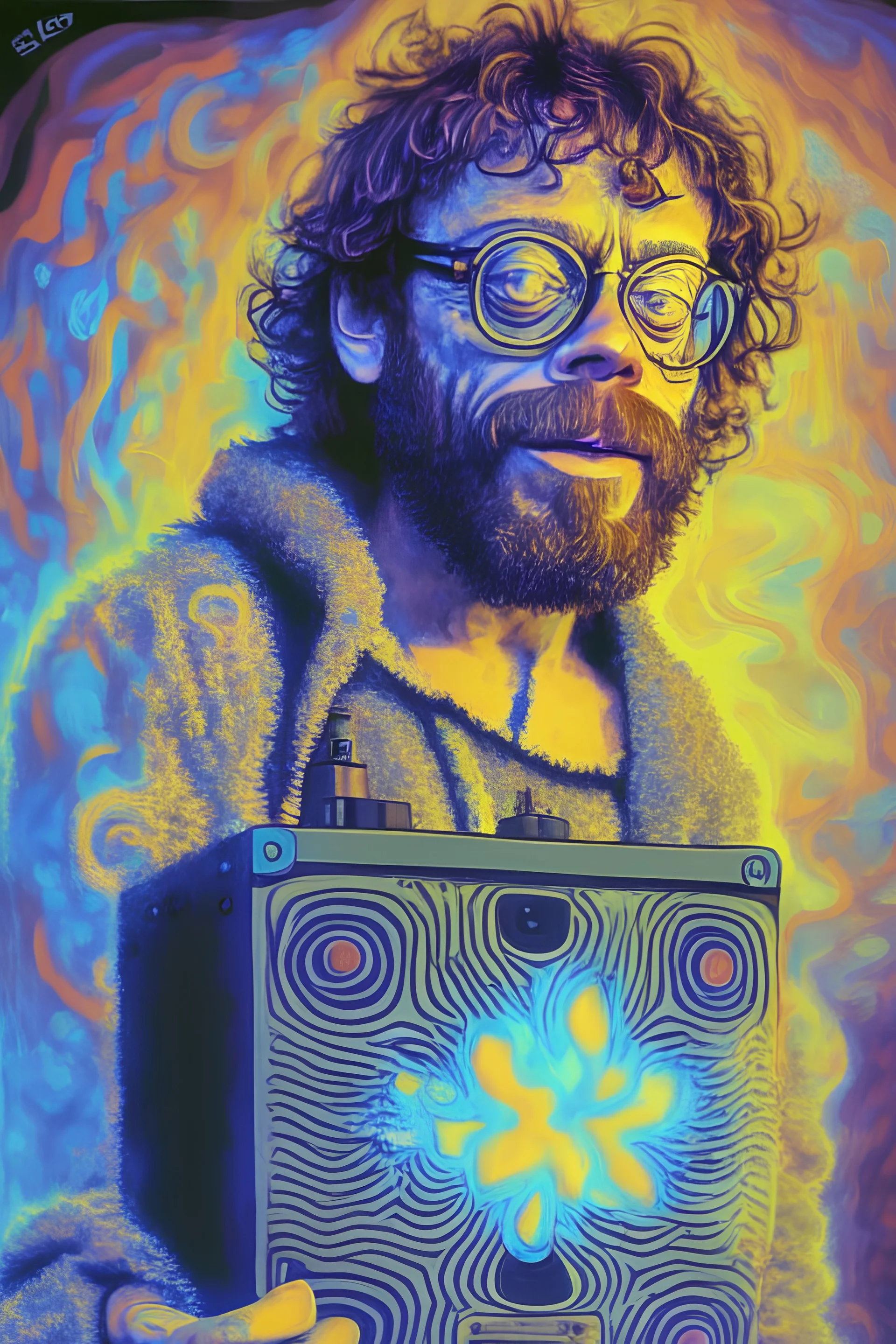 Terrence McKenna holding an electric stand up heater on lsd