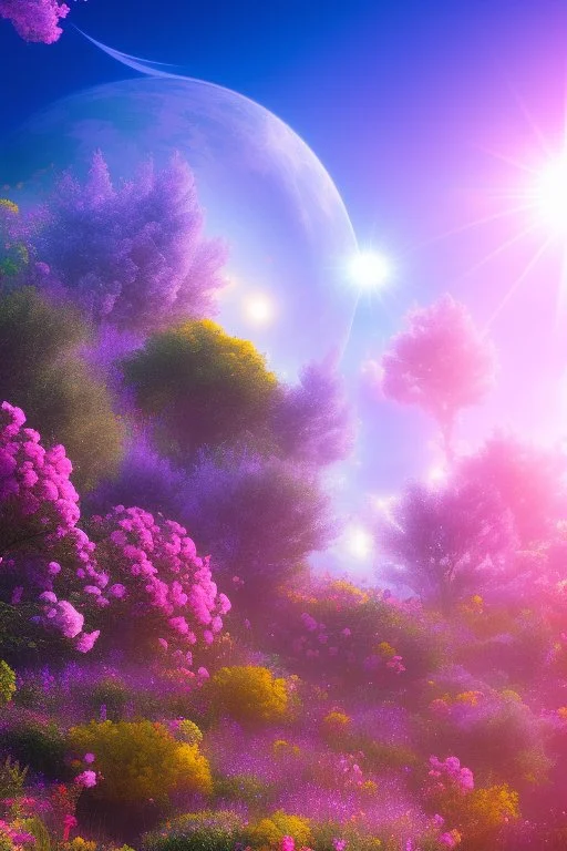 digital illustration, a world full of life divine thrill of biological tranquil sky, flowers, spaceship, , bright color splashes, high detailed 8 k