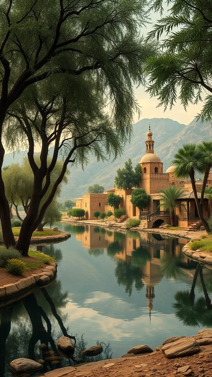 Hieronymus Bosch style , Morocco old Arabian oasis with water lakes and trees with old houses and minaret