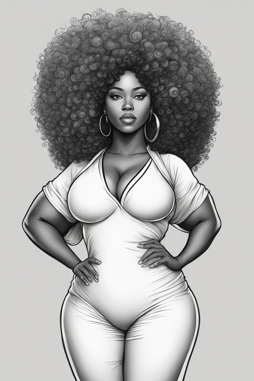 Create a coloring page of a beautiful curvy black female looking to the side with la curly afro. No shading, No color, define lines, clean lines