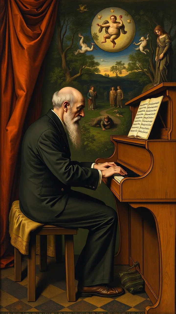 Hieronymus Bosch style , a man playing the piano