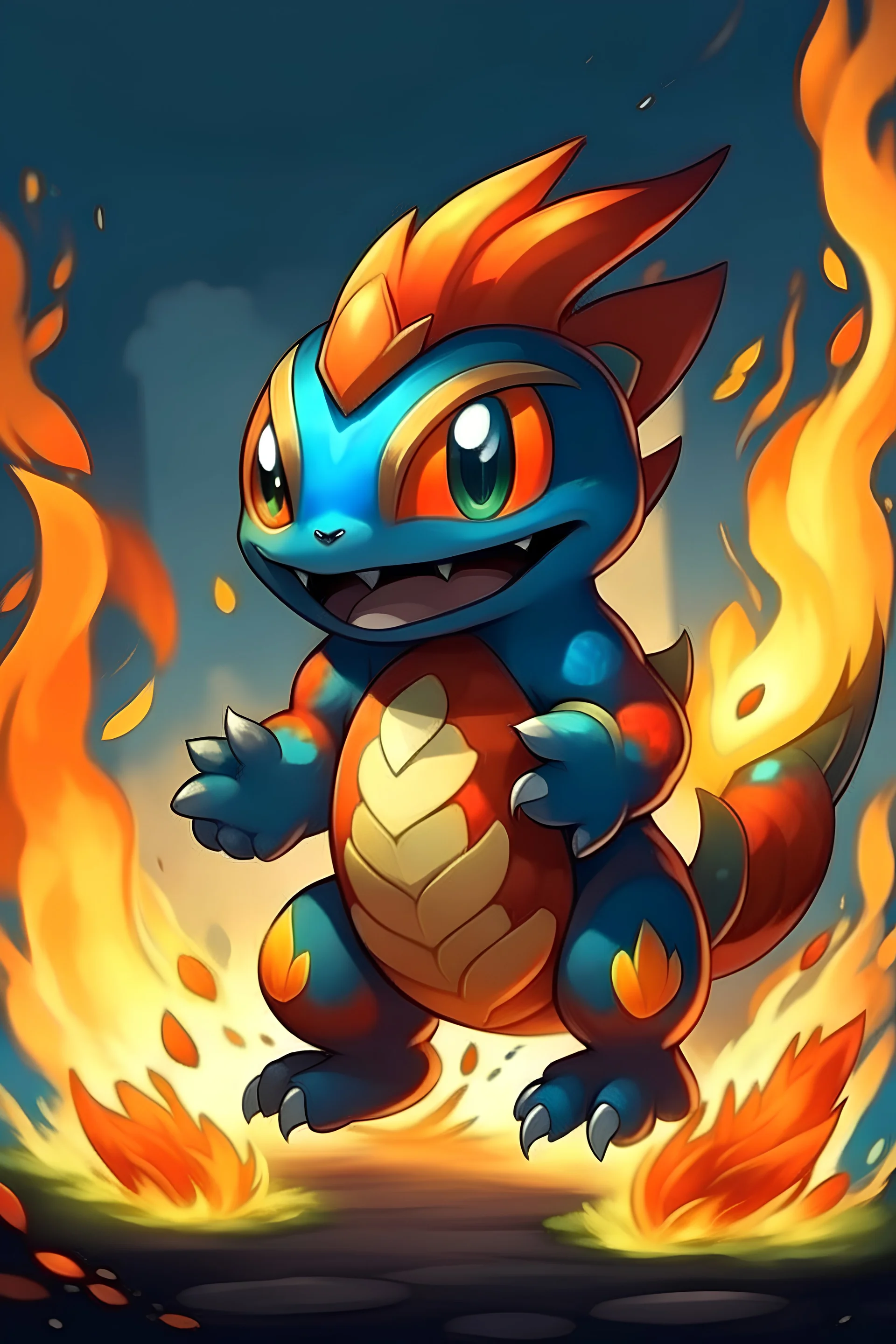 Create a new starter fire Pokemon with his three evolution in style of league of legends