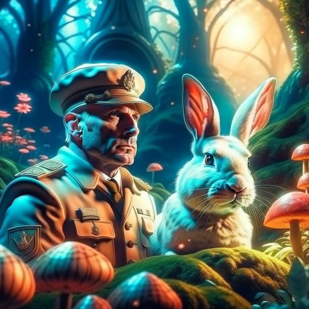 portrait of macho gestapo army officer inside glowing mushroom grove with huge fluffy space rabbit, 4 k, down-light, soft light, depth of field, photo realism, trending on art station, high detail, spray paint