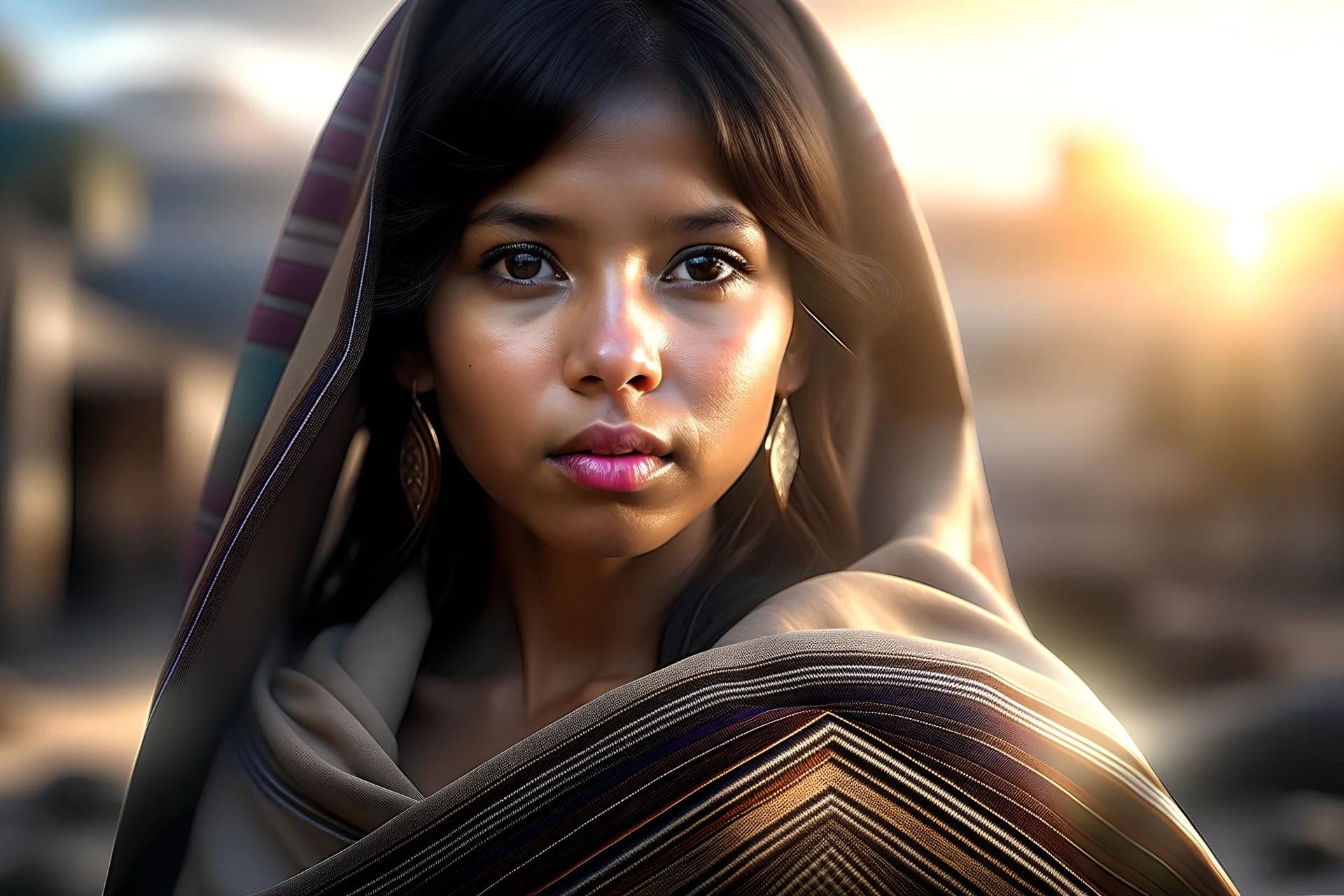 Digital art, high quality, digital masterpiece, natural illumination, spotlight, realistic, film style, beautiful, (1 beautiful peruvian young girl walking, wearing a Peruvian poncho:3), (cute femenine face:1.8), (sexy eyes:1), tan skin, (Peruvian poncho:3), (Inca temple at background:1.2), (Inca terraces:1.5)