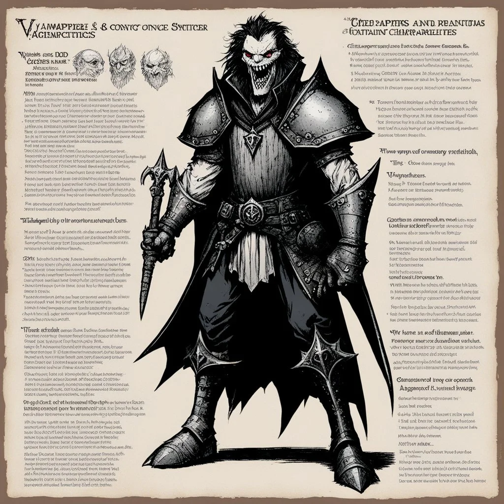 medieval character concept sheet with AD&D statistics and characteristics, [illustration by Kevin Eastman and Peter Laird] vampire lord with flashing eyes and a pale, gaunt face with sunken eyes and sharp teeth.