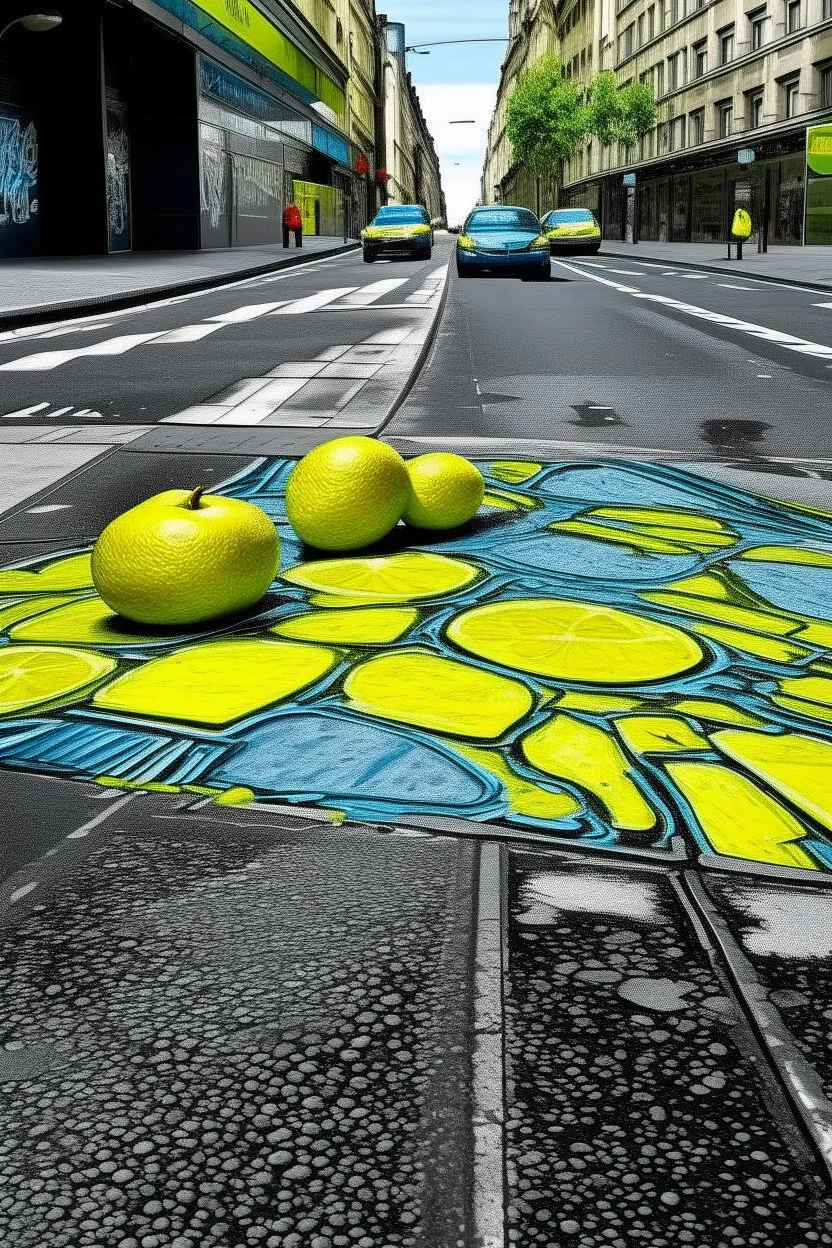 "street tart' depicts a technicolor lemon contrasting the grey icy pavement; frieze; dazzling