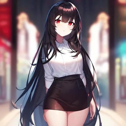 Clear focus,High resolution, black long hair, Vibrant red eyes, Emo, wearing a short skirt