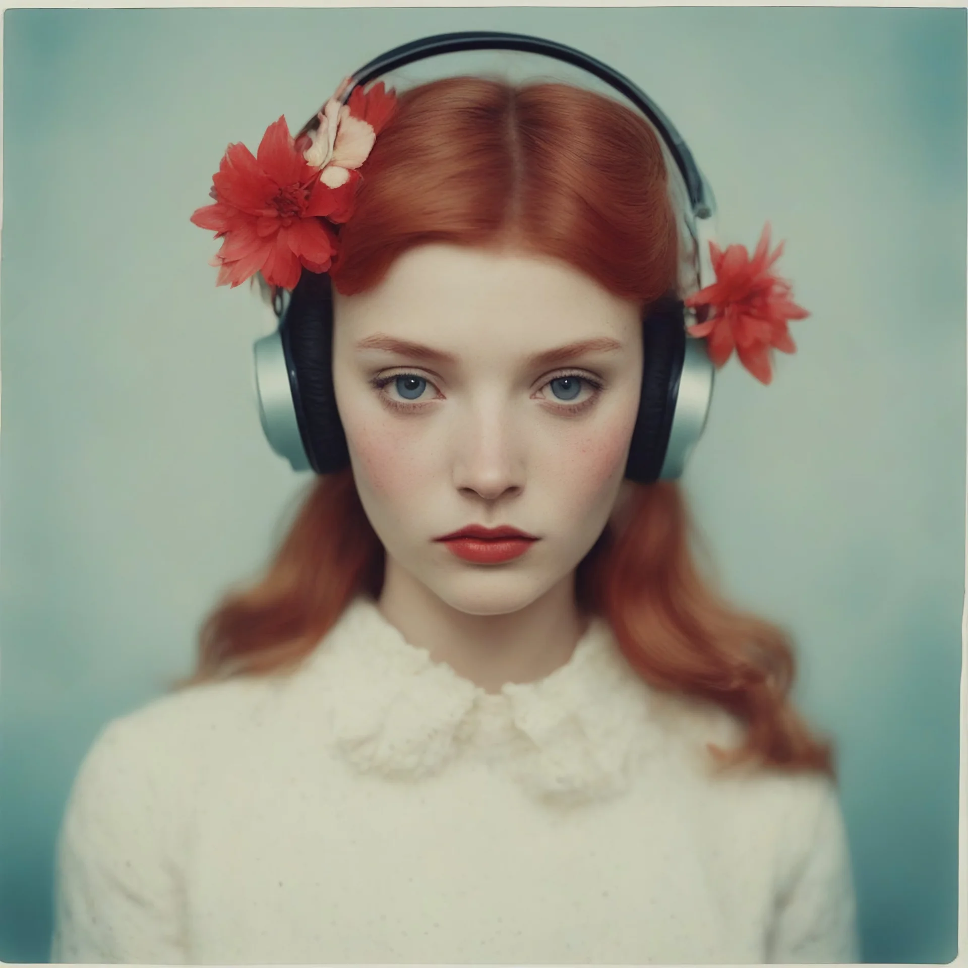 1960s Polaroid head shot of vlada roslyakova,she has freckles on her face, pouty lips, red nose, hair adorned with strange flowers, red cheeks and nose, headphone